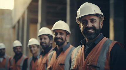 A group of men wearing hard hats and vests. Suitable for construction industry concepts