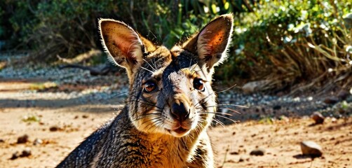 a close up of a small animal on a dirt ground with trees in the background and bushes in the foreground.