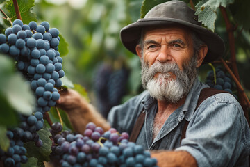 Mature farmer picking grapes in vineyard