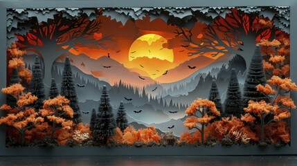 Paper cutout diorama of a Halloween scene, capturing the spooky yet cozy vibe of cooling autumn.