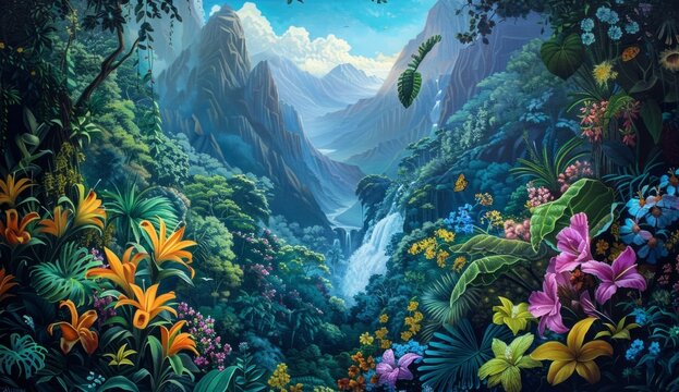 a painting of a flower filled tropical scene Generative AI