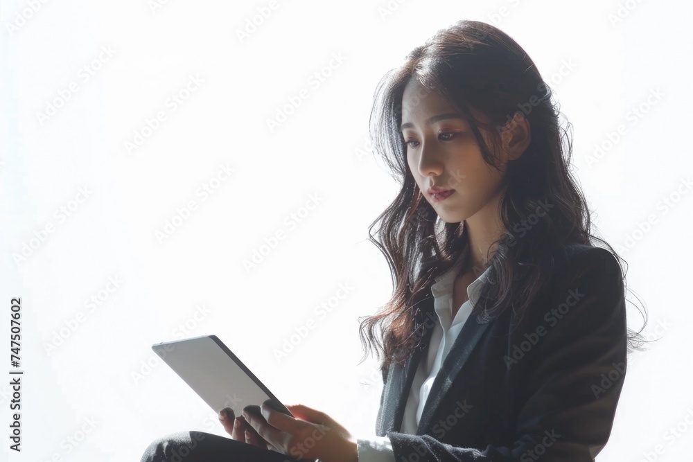 Aufkleber a woman sitting on a chair while using a tablet computer. suitable for technology and lifestyle conc