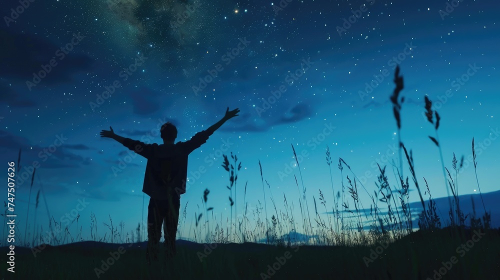 Poster A person standing with arms outstretched in a field. Suitable for various concepts and designs