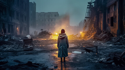 Einsame Frau steht vor den brennenden Trümmern einer zerstörten Stadt, Generative AI - obrazy, fototapety, plakaty