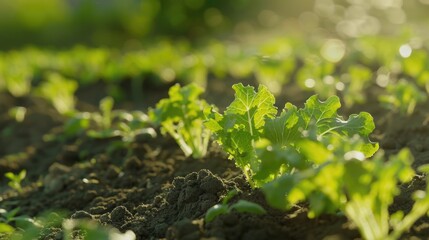 A vibrant field of lettuce basking in the sunlight. Ideal for agricultural concepts