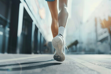Close-up of a runner's feet in sneakers on an urban street, capturing the essence of motion.