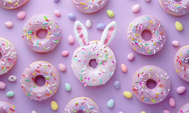 easter themed donuts with sprinkles and candy eggs on pastel purple background