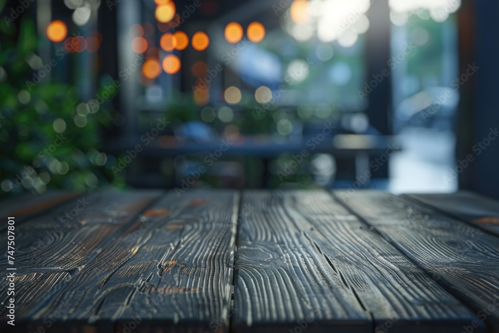 Poster Close up of a wooden table with lights in the background. Suitable for various concepts and themes