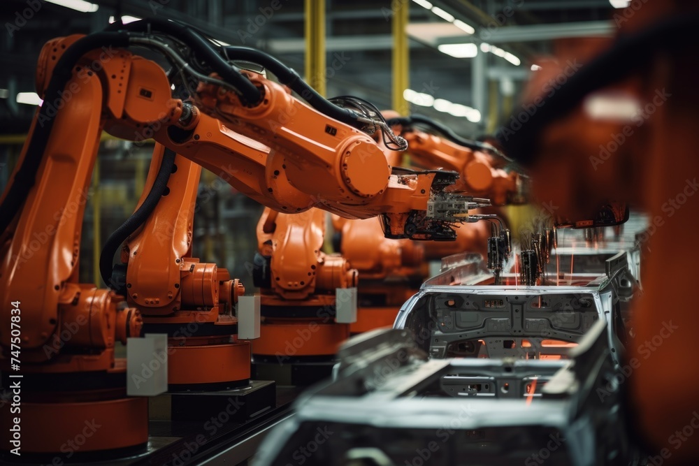 Fototapete A group of robots on a moving conveyor belt. Can be used for technology and automation concepts