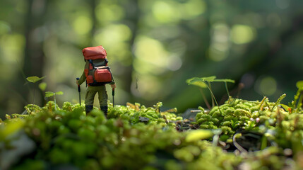 miniature traveler hiking in forest trail. concept of Travel and relaxing in holiday.