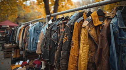 Vintage and thrift shopping for unique autumn finds, racks of leather jackets and knitwear against a backdrop of fall colors.