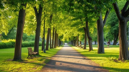 tranquil, sun-drenched pathway flanked by rows of towering trees, casting shadows on a well-manicured lawn - obrazy, fototapety, plakaty