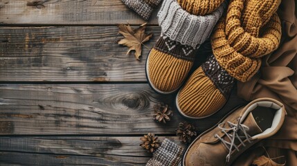 Cozy autumn fashion with warm sweaters and boots on a rustic wooden display inspires my shopping spree. - obrazy, fototapety, plakaty