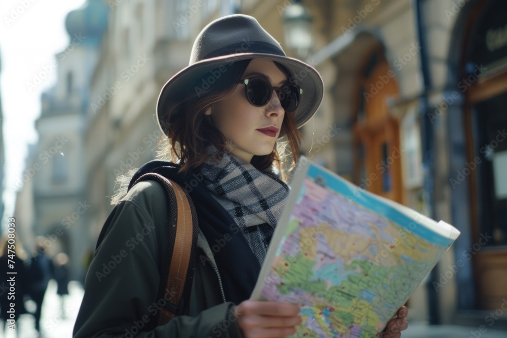 Poster a woman in a hat and sunglasses looking at a map. suitable for travel and navigation concepts