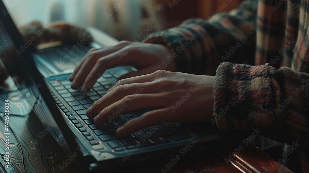 Poster person typing on laptop computer, suitable for technology concepts