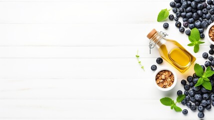 Healthy breakfast ingredients. Homemade granola in open glass jar, milk or yogurt bottle, blueberries and mint on white wooden background, top view, copy space