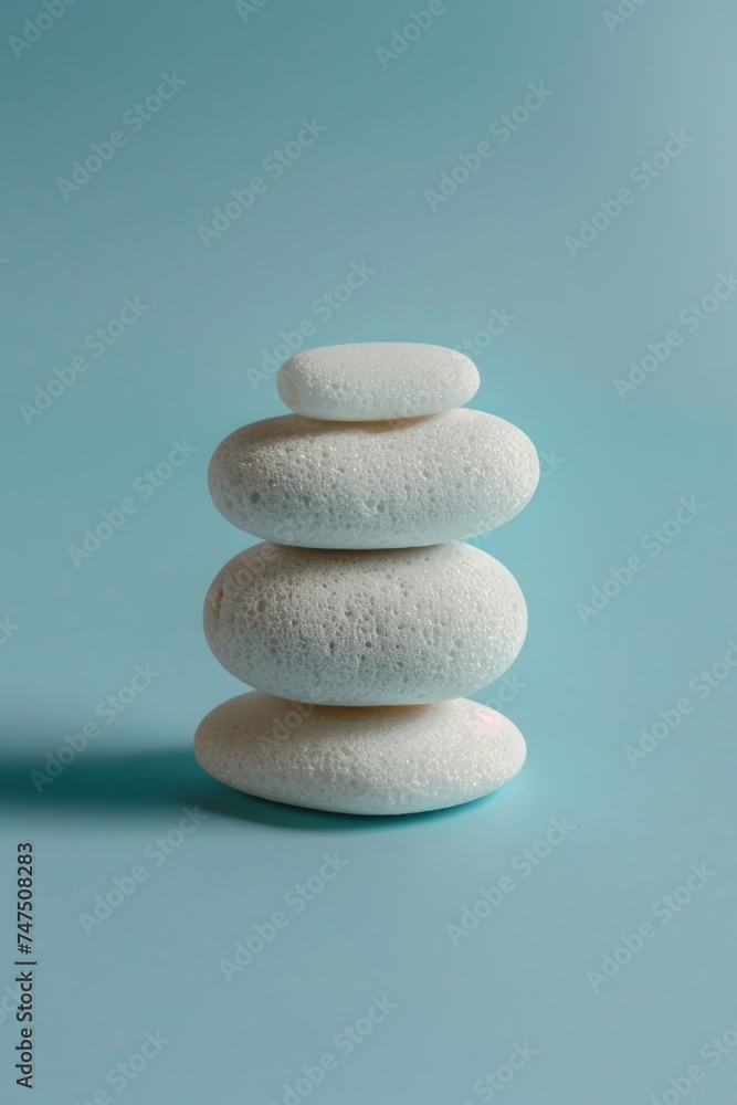 Poster a stack of white rocks on a blue surface. suitable for backgrounds or nature concepts