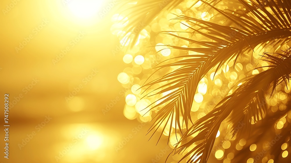 Poster close-up of palm tree with sun in background. generative ai.