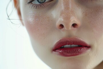 Close up of a woman's face with natural freckles, suitable for skincare and beauty concepts