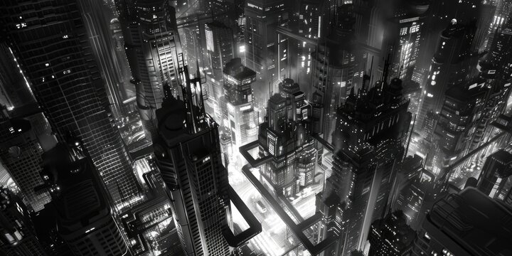 Fototapeta A black and white photo of a city at night. Suitable for urban backgrounds