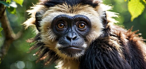 a close up of a monkey's face with a blurry look on it's face and a leafy tree in the background. - obrazy, fototapety, plakaty