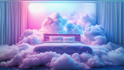  A bed in the soft vanila dream clouds. A good dream concept.