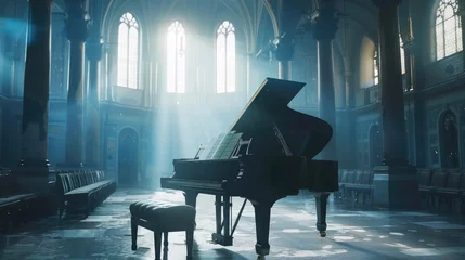 Foto op Canvas Grand piano in a ray of light at church - A grand piano sits bathed in a ray of light in the solemn ambiance of a church © Tida