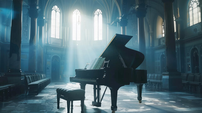 Grand piano in a ray of light at church - A grand piano sits bathed in a ray of light in the solemn ambiance of a church