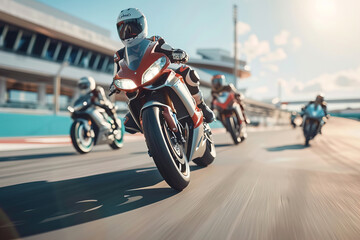 Motorcycle racers speeding on a track, focused and competitive racing scene.