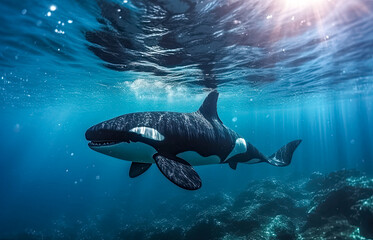 Obraz premium Schwertwal auch Orca oder Killerwal (Orcinus orca) im Meer, Unterwasser, Generative AI