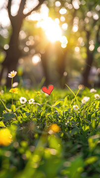 Heart-shaped object in garden during sunset - A single red heart stands out in a flowering garden, symbolizing love and romance as the sunset casts a warm light © Tida