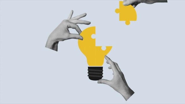 Animation video with hands connecting pieces of bulb lamp puzzle. Teamwork, creative thinking, brainstorm, creative mind concept. High quality FullHD footage