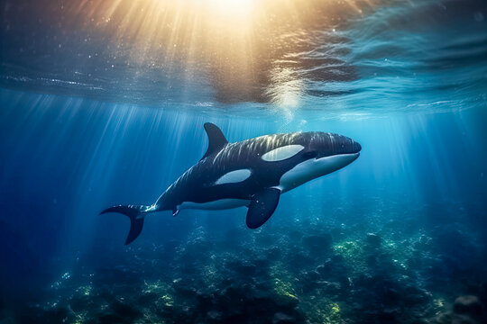Schwertwal auch Orca oder Killerwal (Orcinus orca) im Meer, Unterwasser, Generative AI