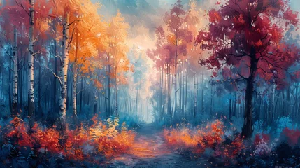 Foto op Canvas Art wallpaper featuring an abstract hand-drawn forest landscape. © Diana