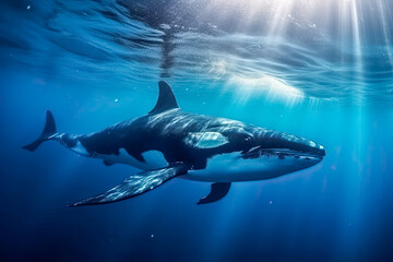Grosser Haifisch schwimmt im Meer, Unterwasser, Generative AI