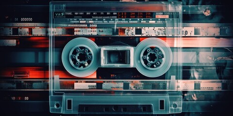 A detailed view of a cassette tape in its case. Suitable for music and nostalgia concepts
