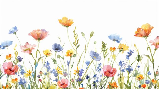 Colorful field of flowers painted in watercolors, perfect for nature-themed designs