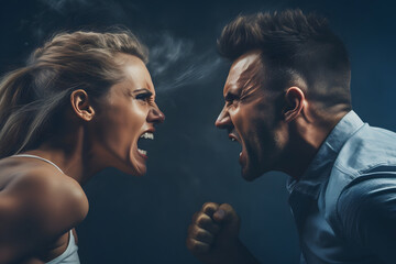 Couple in conflict: man and woman engaged in intense argument, relationship struggle concept - obrazy, fototapety, plakaty