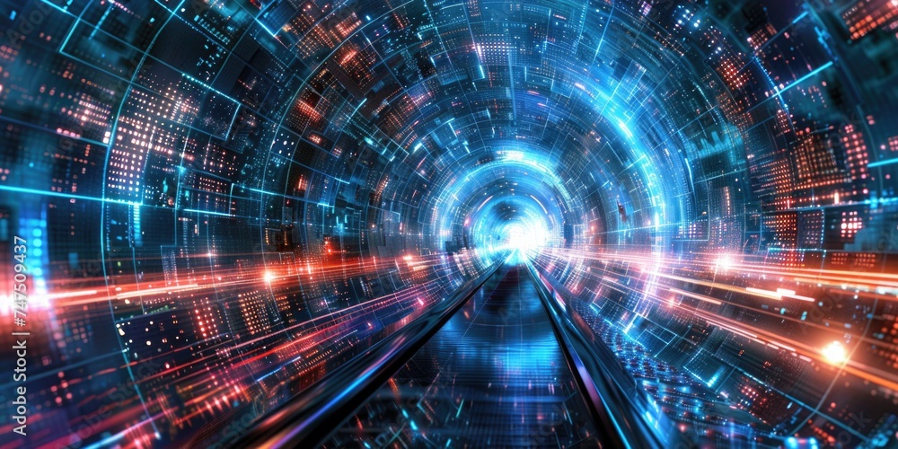 Poster A train moving through a tunnel with colorful lights. Suitable for transportation or technology concepts