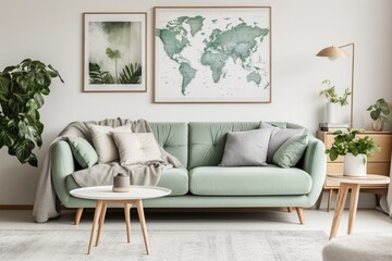 A cozy living room with a green couch and a coffee table. Suitable for interior design concepts