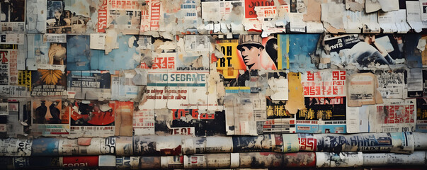 Old faded battered ads and tattered posters as a vintage billboard background texture