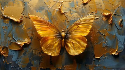 Golden butterfly abstract oil painting art vertical hanging.