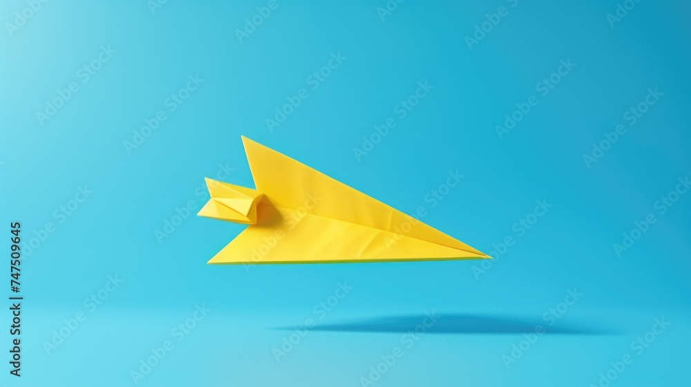 Poster a yellow paper airplane flying through the air. suitable for various concepts and designs