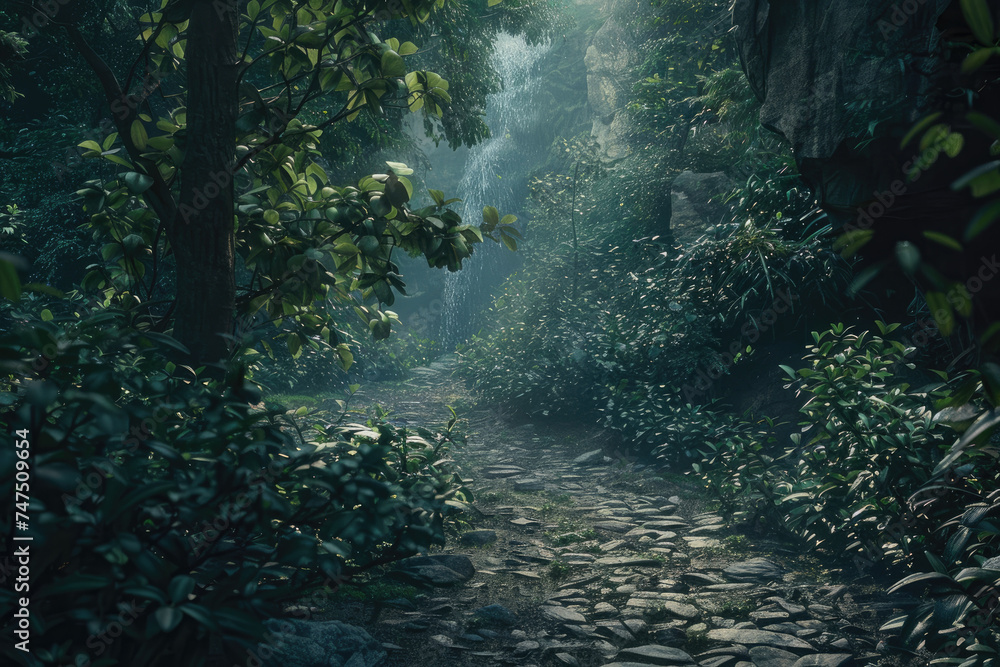 Poster mystical forest pathway with sun rays - an enchanting pathway through a dense, green forest, with su