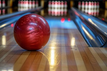 Close up of red bowling ball on lane with bowling pins in background