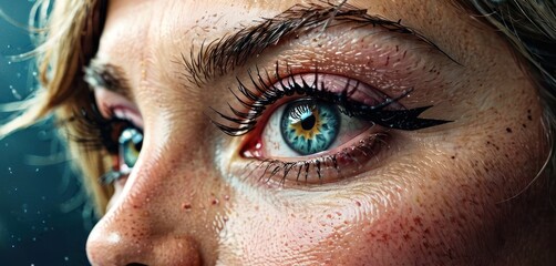 a close - up of a woman's blue eye with long black eyelashes and freckles on her eyelashes.