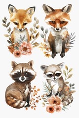 A set of four charming watercolor illustrations of foxes and raccoons. Perfect for children's books or nature-themed designs