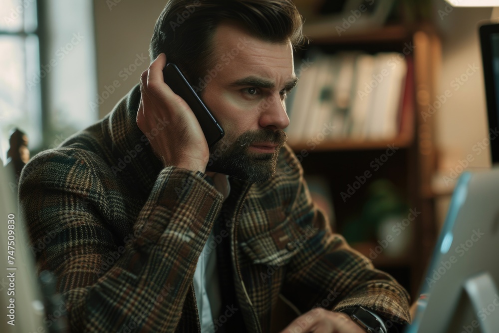 Poster a man sitting in front of a laptop talking on a cell phone. suitable for business or technology conc