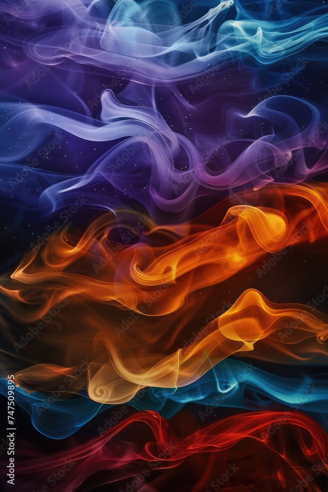 Poster vibrant colored smokes on a dark backdrop, suitable for various design projects