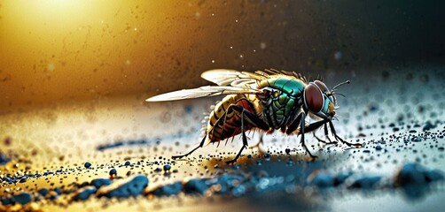 a close up of a fly on the ground with drops of water on the ground and a bright light in the background. - obrazy, fototapety, plakaty